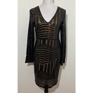 Miss Ord Brown Sequins Dress Large Long Sleeve Lined Geometric Design Formal